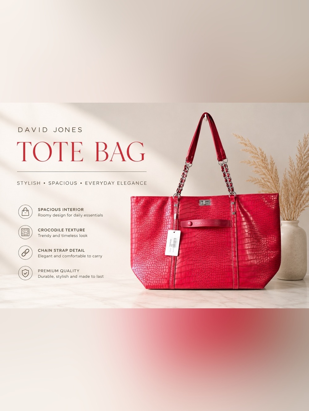 NWT David Jones Paris Red Croc Embossed Oversized Tote Bag